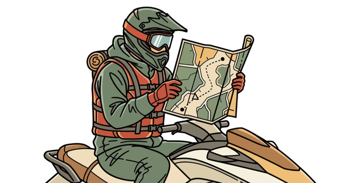 Adventurous person on a jet ski looking at a map for navigation