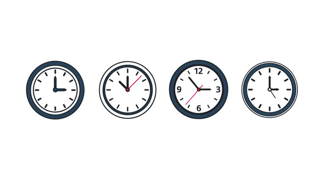 Set of minimalist analog wall clock icons showing different times