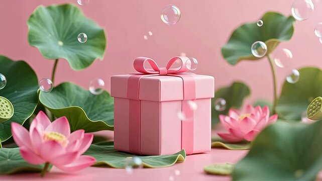 Pink gift box with bow and lotus