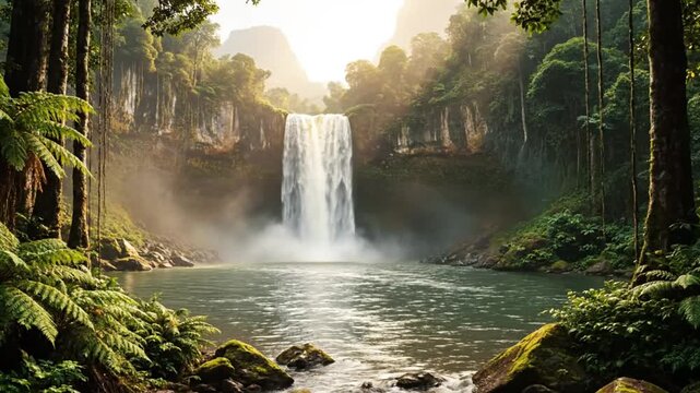 Tranquil waterfall cascading into a pristine pool surrounded by lush rainforest trees and verdant vegetation