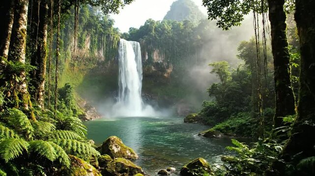 Tranquil waterfall cascading into a pristine pool surrounded by lush rainforest vegetation and vibrant green foliage.