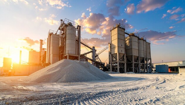 Industrial landscape with cement plant and sunset, construction materials.