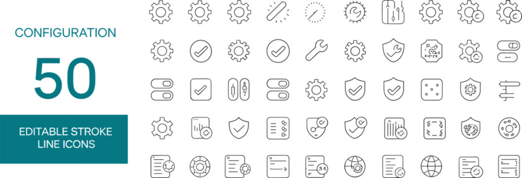 Configuration and settings line icons featuring gears toggles shields and documents Keywords: configuration settings gear toggle switch shield document options