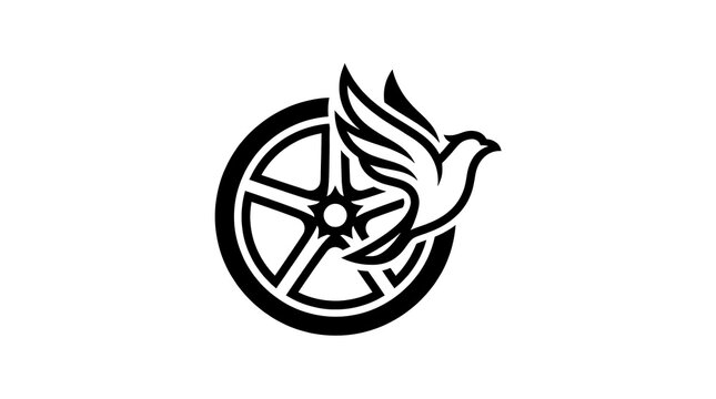 Vector illustration of a dove flying with a wheel in the background, symbolizing peace and progress