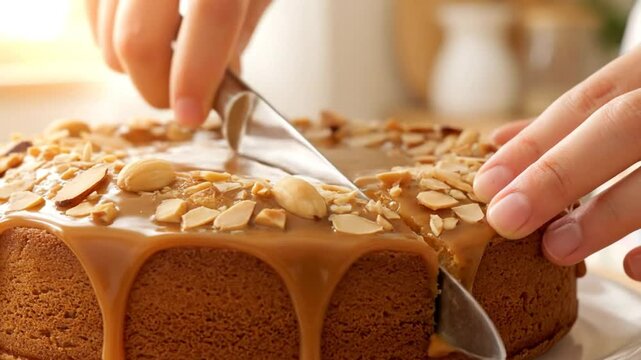 Cutting into a delicious homemade caramel cake with nuts and caramel dripping down, ready to serve and enjoy