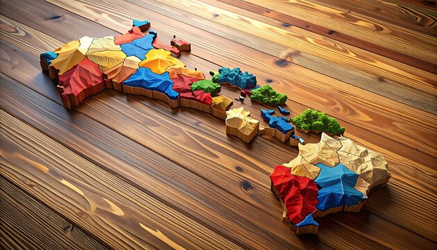 Colorful map of Australia made of puzzle pieces, representing regions and diversity, on a rustic wooden background, concept for travel and geography