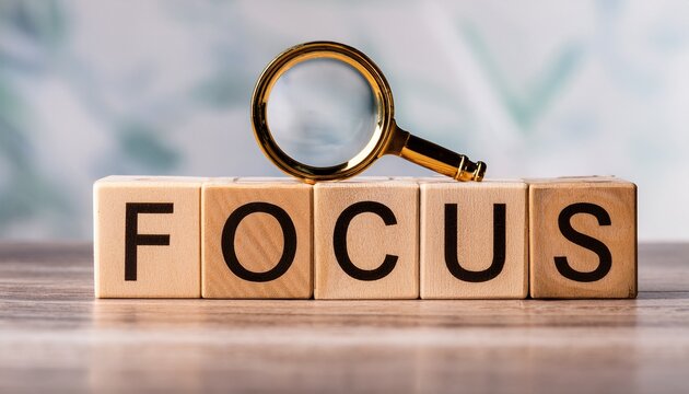 the word focus is made of wooden letters with a magnifying glass selective focus