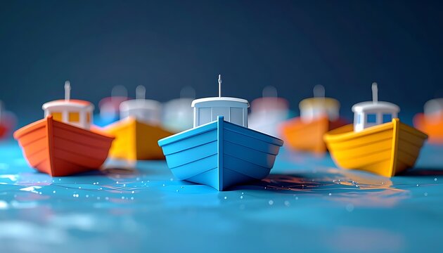 Collection of small, colorful fishing boats bobbing on rippling blue water, detailed miniature vessels, nautical theme, sunny day, vibrant hues, maritime transport