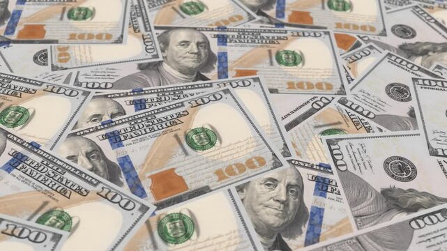 USD 100 dollar bills background moving slowly, macro shot of clean newly printed United States hundred dollar cash banknotes, financial wealth, economy and business investment concept.