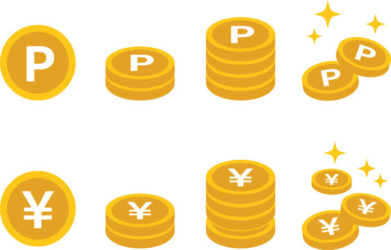 Illustrated coins with P and yen symbols in various stacks and styles