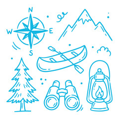 Camping and outdoor adventure vector icons with compass, mountain, canoe, and lantern. Ideal for travel branding and wilderness exploration themes © Zulfa