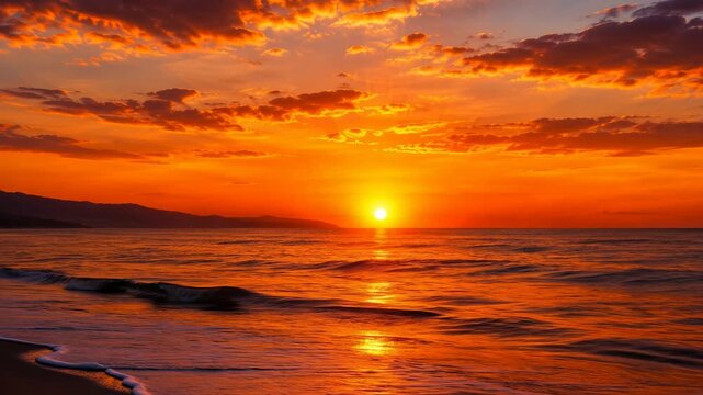 Golden sunset over calm ocean waves at sandy beach, peaceful nature landscape, summer travel destination, relaxing evening seascape.