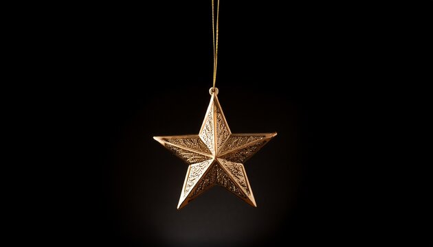 solo gold star suspended thread hangs deep richly colored black background soft diffused natural