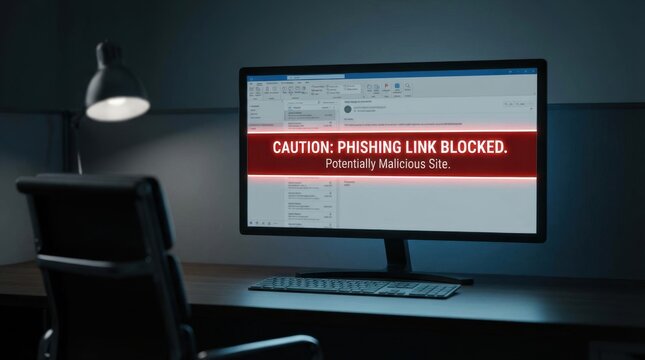 Dim office desk with blocked link warning on monitor.