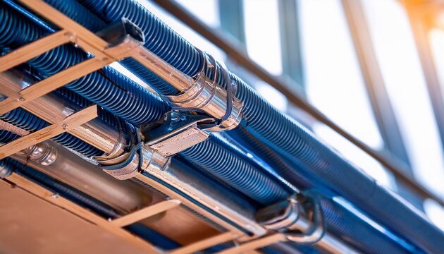 bottom view of office floor wiring macro focus on conduit pipes and screws detailed installation