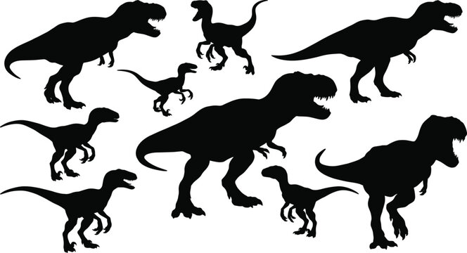 Dinosaur silhouette collection with tyrannosaurus rex and velociraptor poses isolated on light background prehistoric vector set