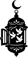 Black lantern with birds and crescent moon Vector © Thanni