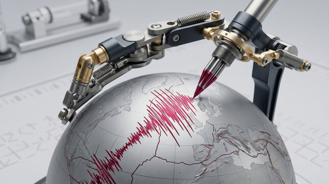 Robotic arm with a red pen a seismic wave graph on a metallic globe of the earth generated using ai