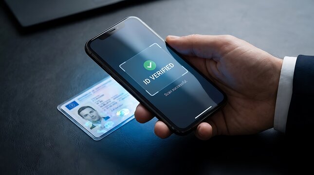 A person holds a smartphone with a green checkmark on the screen next to an identification card on a dark surface.