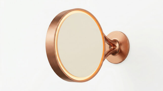 Round copper wall mirror with integrated led light ring and a sleek minimalist generated using ai