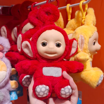 Cute Teletubbies Po Plush Keychain Figurine with Hanging Hook Displayed in Character Toy Shop on May 9, 2026 in Bangkok, Thailand 