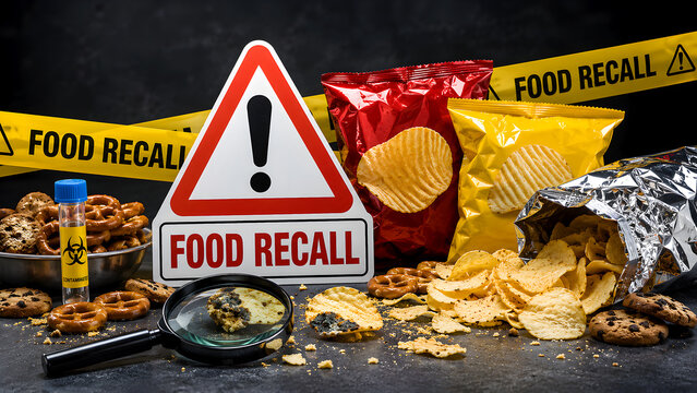 Food Recall Alert Concept with Contaminated Snacks, Warning Sign, and Biohazard Laboratory Test