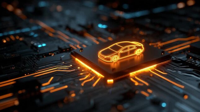 Intelligent Automotive AI Processor with Vertical Data Streams and Car Wireframe (AI Generated)