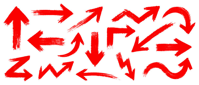 Red grunge brush arrows set isolated on transparent background, hand drawn rough bold directional arrow collection