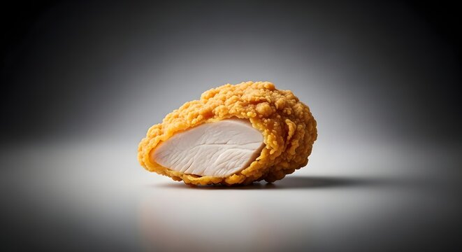 Fried chicken piece with a cutaway view showing the meat inside studio lighting