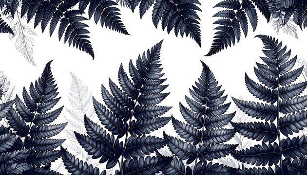 Dark indigo fern leaves pattern, detailed fractal fronds with speckled texture, natural organic repeating design element, botanical backdrop