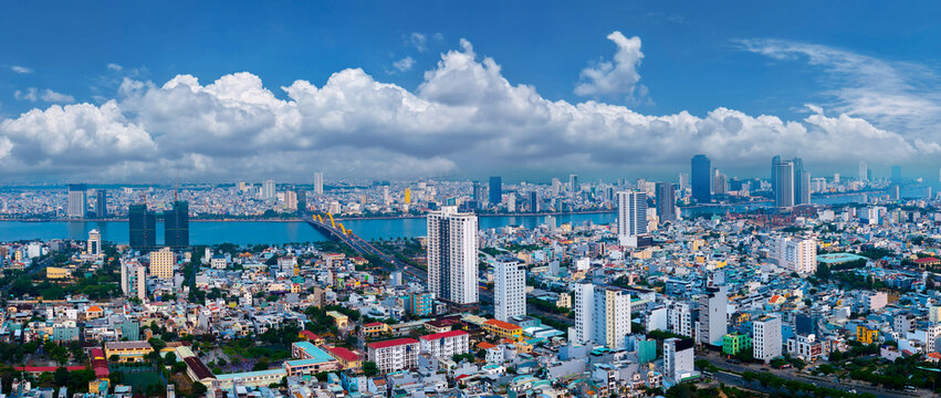 Aerial view cityscape Da nang Vietnam with dragon bridge