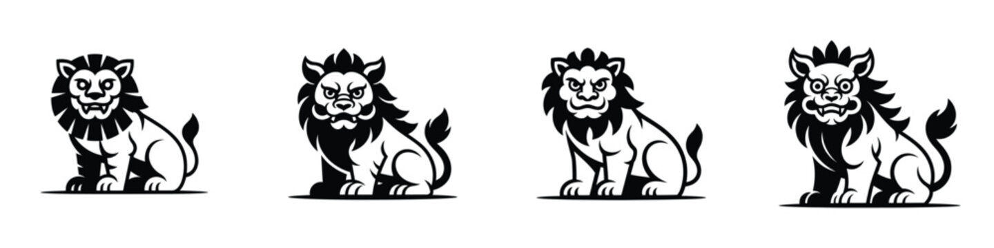 Temple Guardian Beast Illustrations &ndash; Mythical Lion Statues, Sacred Protectors of Temples, Asian Guardian Creatures, Spiritual Guardian Beasts, Fierce Divine Animal Vector Art