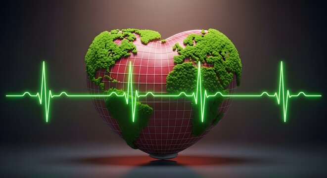 3d globe with digital heartbeat line and binary code pattern on dark background