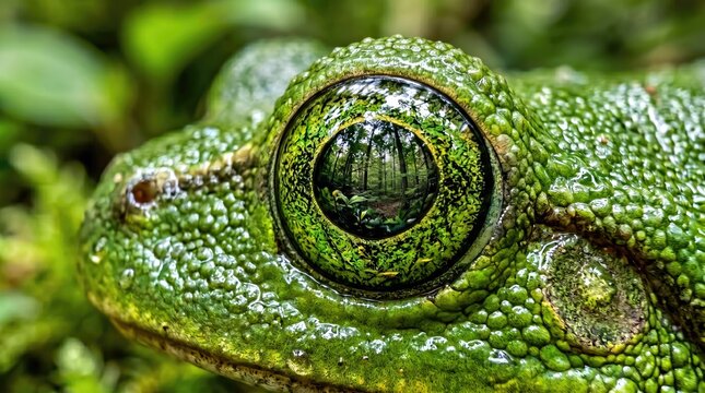 Close-up of a vibrant green frog eye in nature, macro wildlife photography