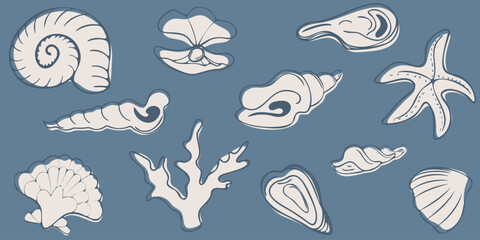 Seashells, starfish, and coral collection in a minimalist line art style on a slate blue background. Whimsical hand drawn shell clipart set. Perfect for nautical-themed stickers and coastal branding. © ArtValeriia