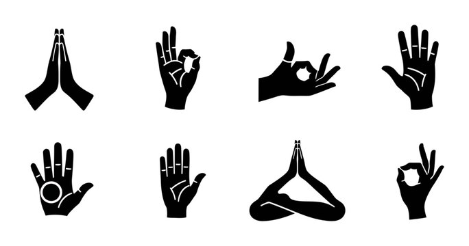 Yoga Mudras, Hand Gestures, Spiritual Symbols, Meditation Poses, 8 Icons
