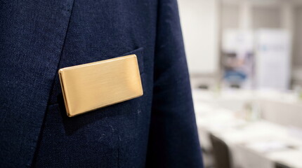 Fototapeta premium Golden name tag on professional suit jacket, blurred meeting room background, corporate identity and event branding concept.