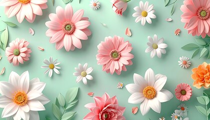 delicate pastel floral pattern with daisies and gerbera flowers, light mint green background, soft petals, springtime beauty, fabric or wallpaper design
