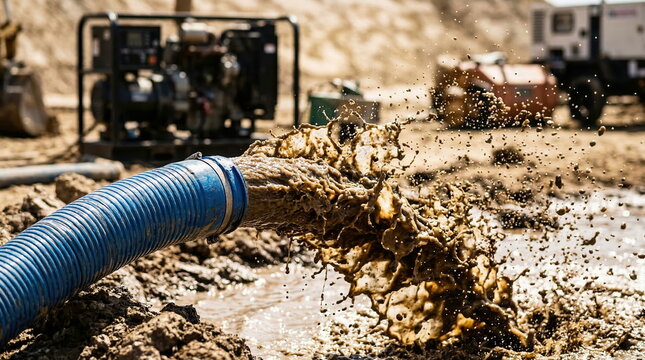 Drainage hose ejecting muddy water, splashing at construction site, dirty ground, dewatering process, infrastructure development.