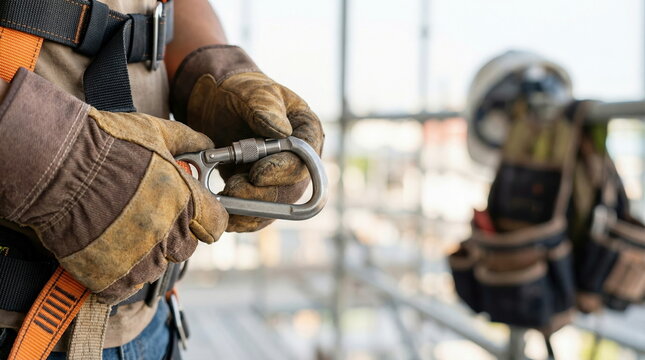 Safety equipment, worker holding carabiner with protective gloves at construction site, emphasizing fall protection and workplace safety.