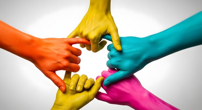 Hands joining together in a circle colorful paint studio shot high quality professional