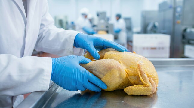 Poultry inspection by worker in protective gloves on stainless steel table in processing plant, food safety and quality control.