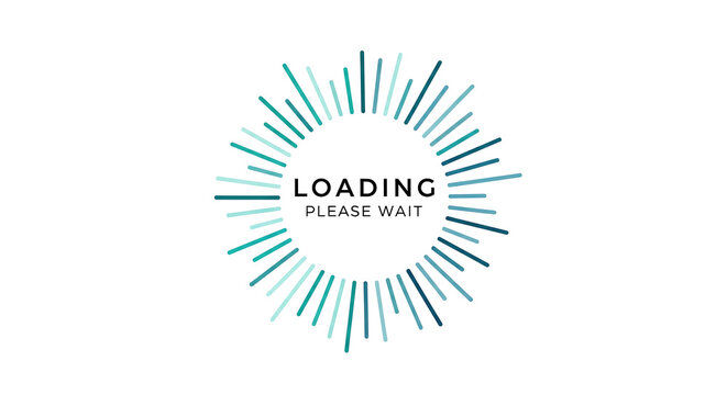Minimalist loading please wait circular graphic design with modern teal radial lines and clean typography for user interface waiting screens