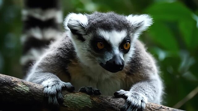 Curious ring-tailed lemur perched on a branch in lush green jungle habitat