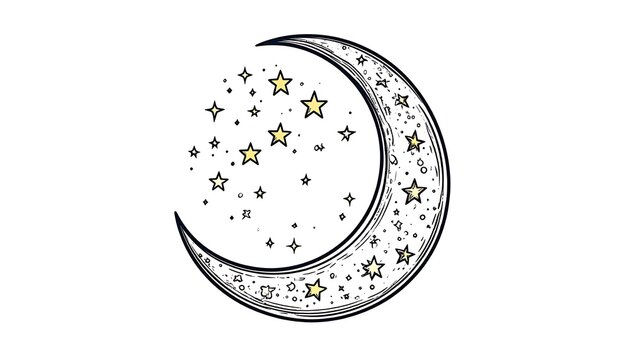 Crescent moon with scattered stars, celestial motif, night sky element, dreamy, whimsical, hand-drawn style, graphic icon