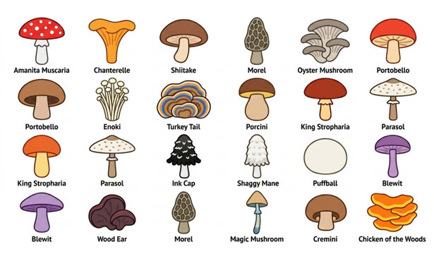 Infographic Chart of Edible and Wild Mushroom Varieties with Names