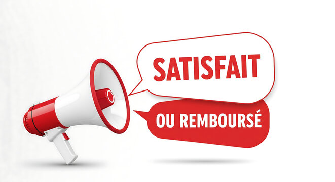 Highly professional modern illustration of a megaphone announcing satisfaction guarantee with bold red speech bubble text in clean white background perfect for ecommerce return policy marketing