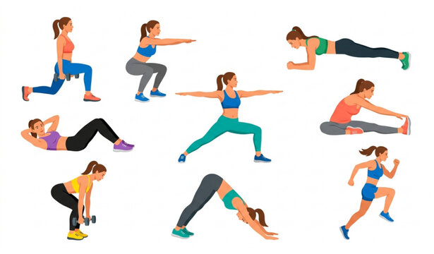 Flat Vector Illustration of Woman Doing Full Body Workouts with Colorful Abstract Elements