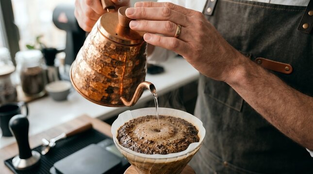 Professional Barista Pouring Hot Water from Copper Kettle into Coffee Filter
