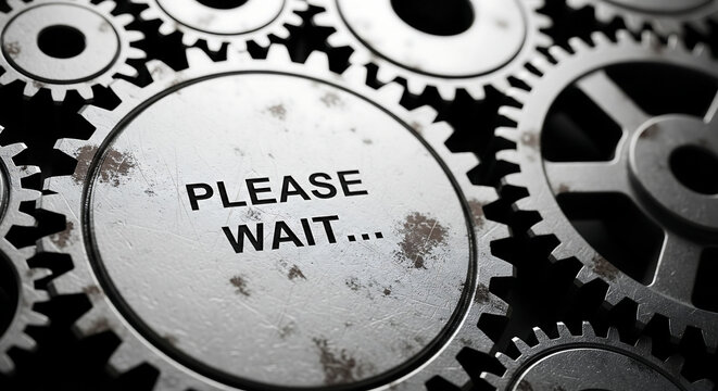 a close-up view of rusty metal gears with one gear having a message please wait on a dark background with industrial machinery and mechanical components
